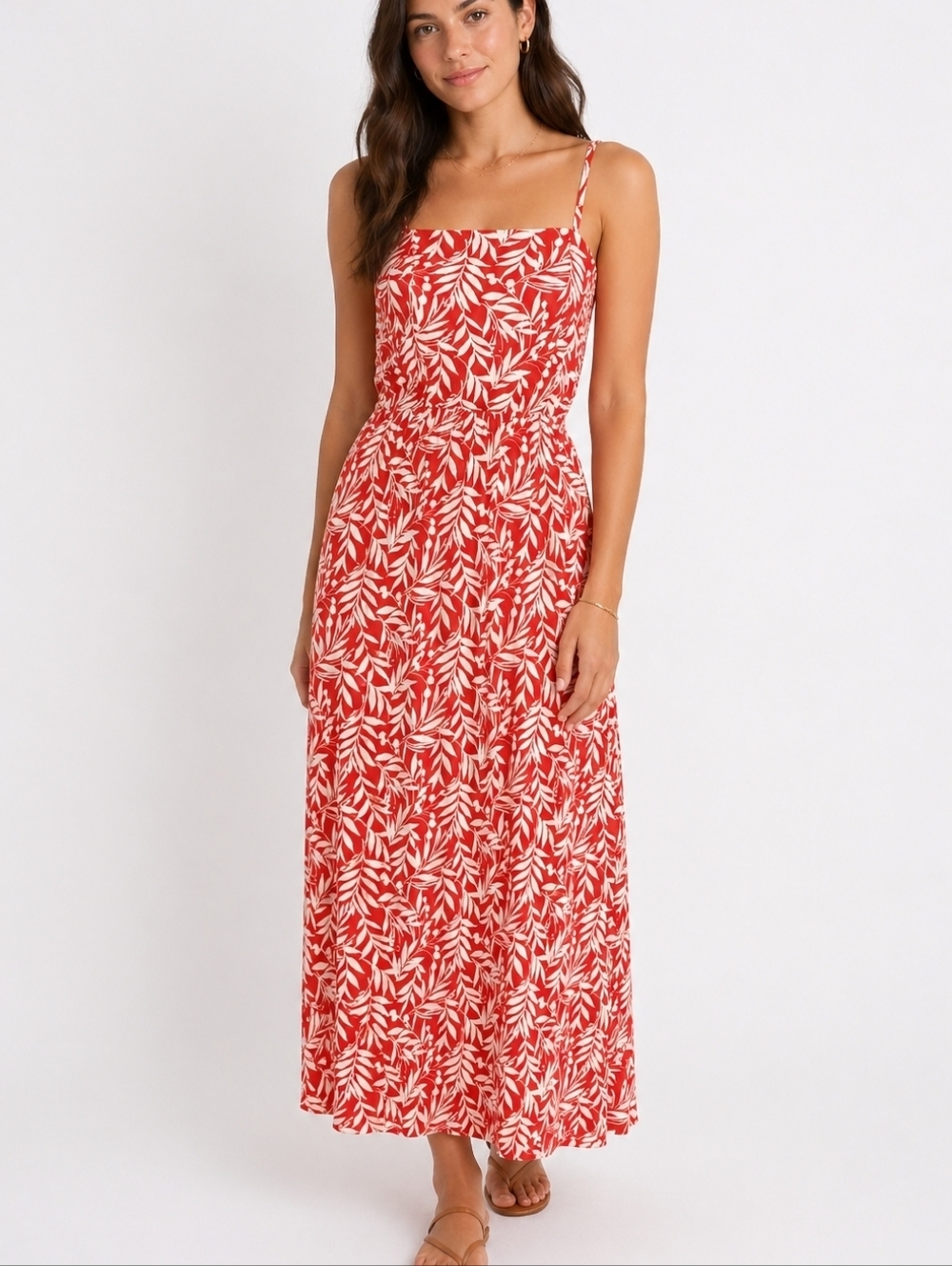 Tropical Leaf Midi Dress Linen Blend Coastal Cowgirl Summer Sundress M